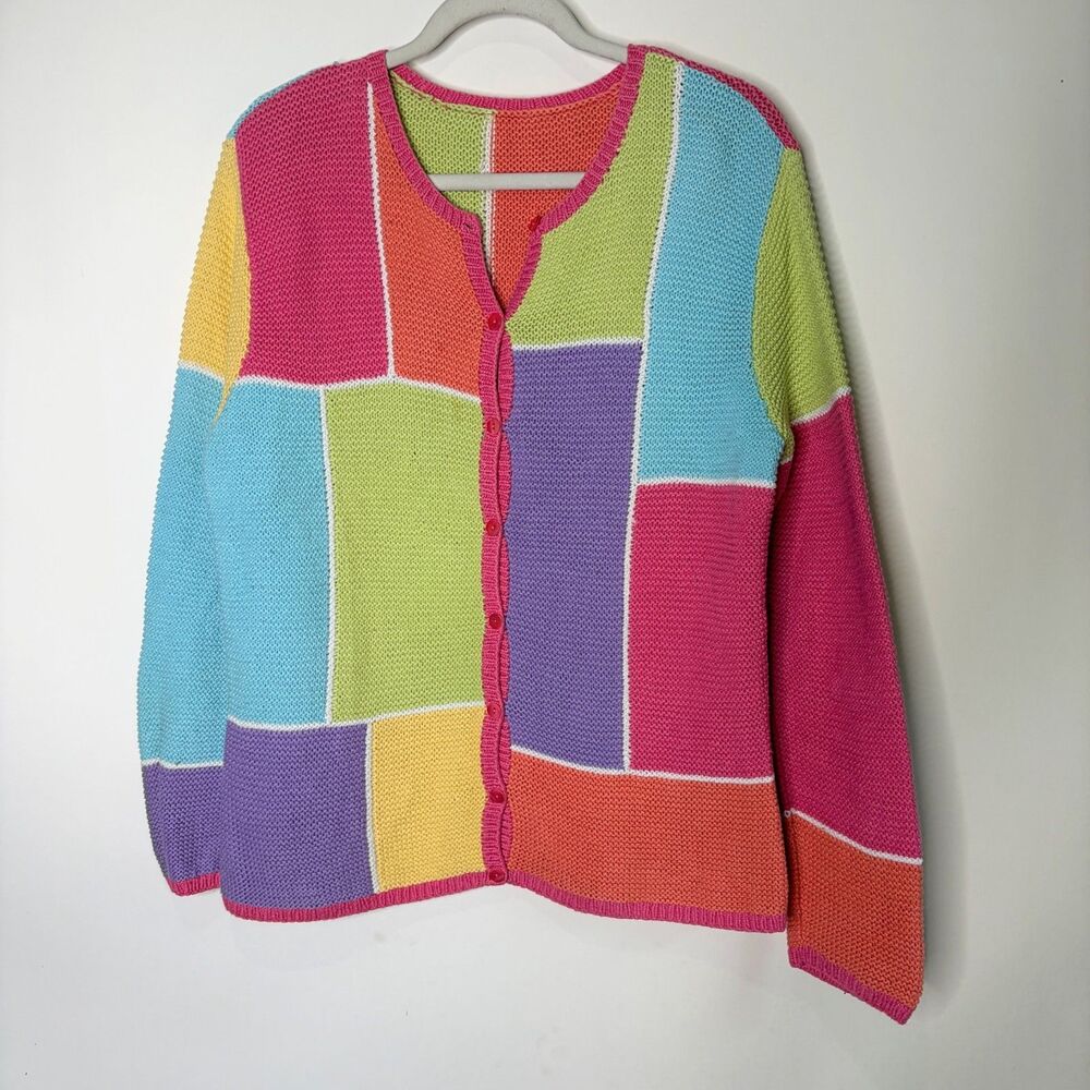 Vintage Cardigan Sweater Knit Patchwork Handmade Colorful Button Front Large